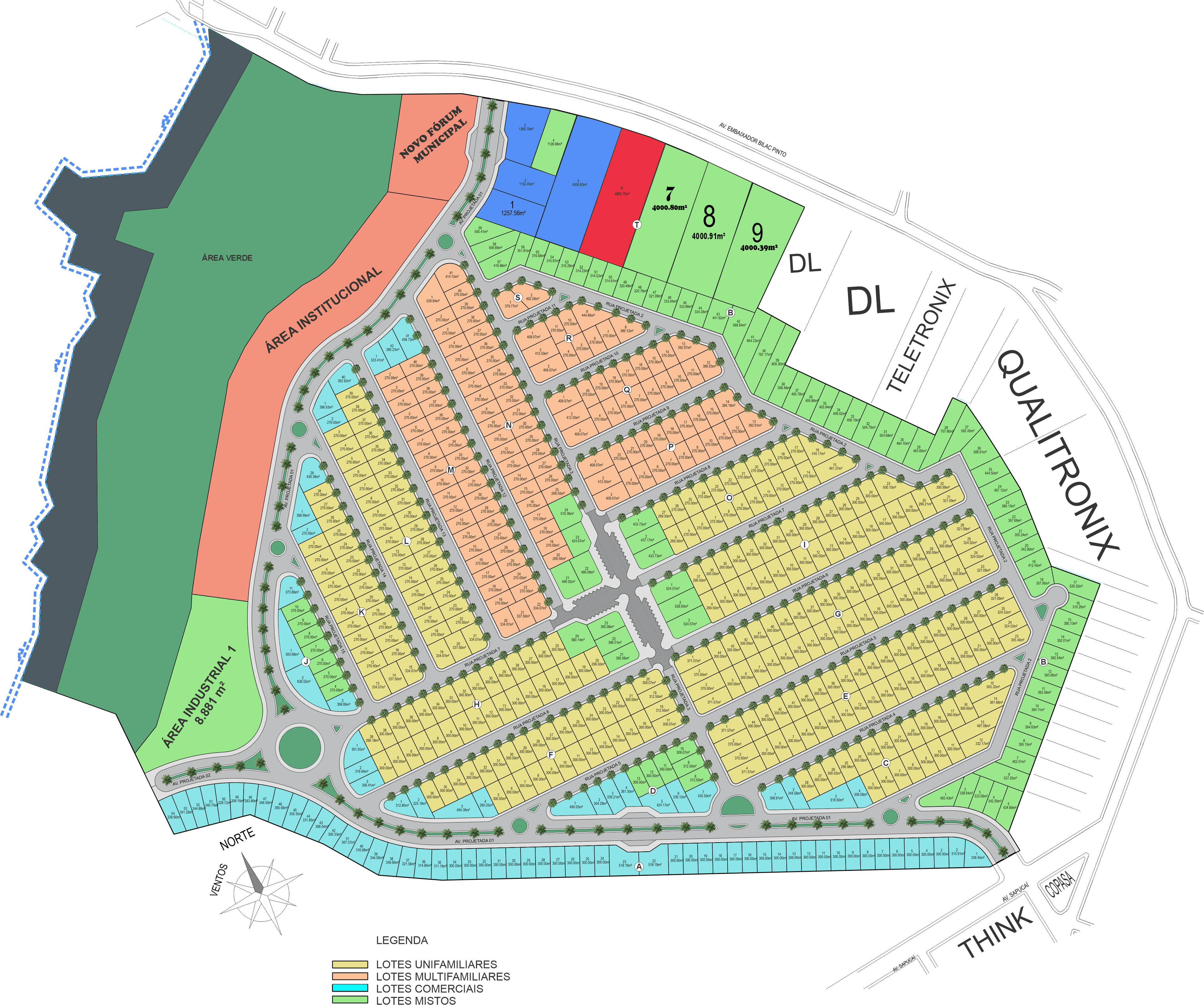 Mapa de setores do Loteamento Colina das Palmeiras — lotes unifamiliares, multifamiliares, comerciais e mistos